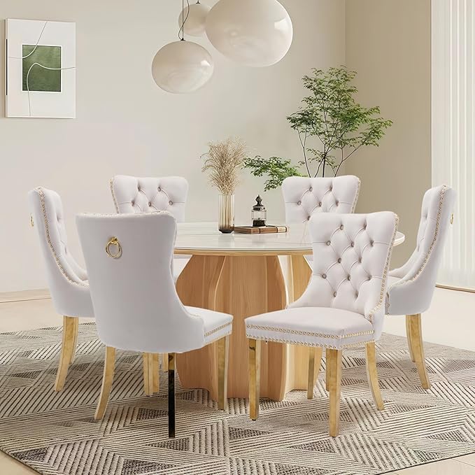 Velvet Upholstered Dining Chairs Set of 6, Modern Style Kitchen Side Chairs with Nailhead Trim and Gold Plated Leg, Metal Pulling Ring for Dining Room Living Room(Beige-Gold Plated Leg)