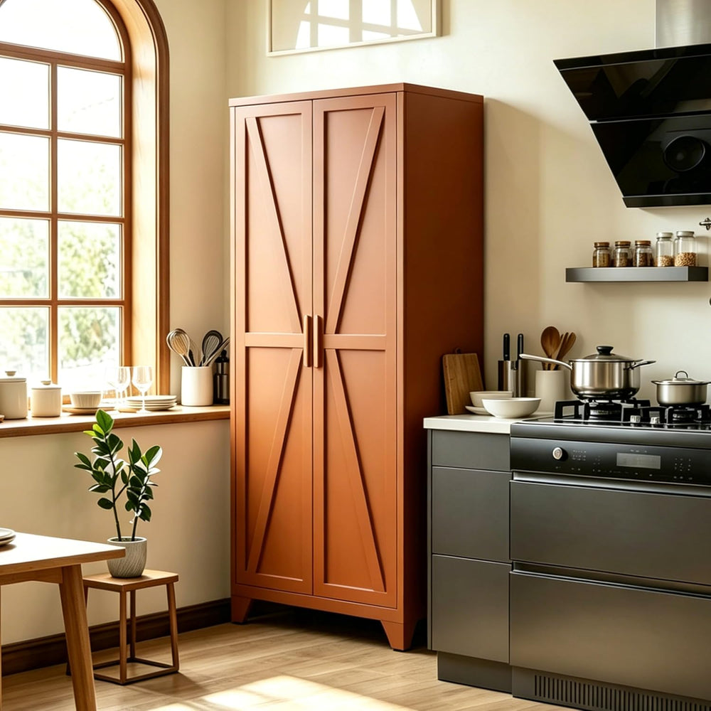 Bevivog Tall Rust Brown Storage Cabinet, 71" Metal Pantry Cabinet with 2...