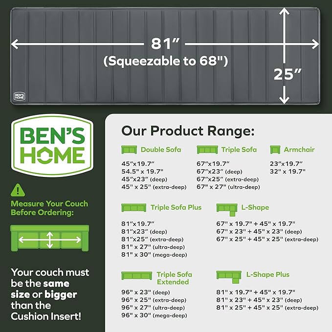BEN'SHOME® Deep Couch Cushion Support for fix Sagging Seats - Heavy Duty Solid .5" Wood Sofa Support Board | Adjustable 68"-81" x 25" Under Cushion Insert | Non-Slip Furniture Saver | 400 LB Capacity