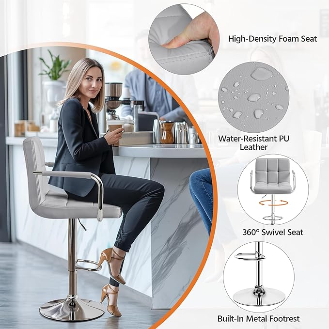 Yaheetech Bar Stools Set of 2, PU Leather Adjustable Swivel Barstools, Hydrau...