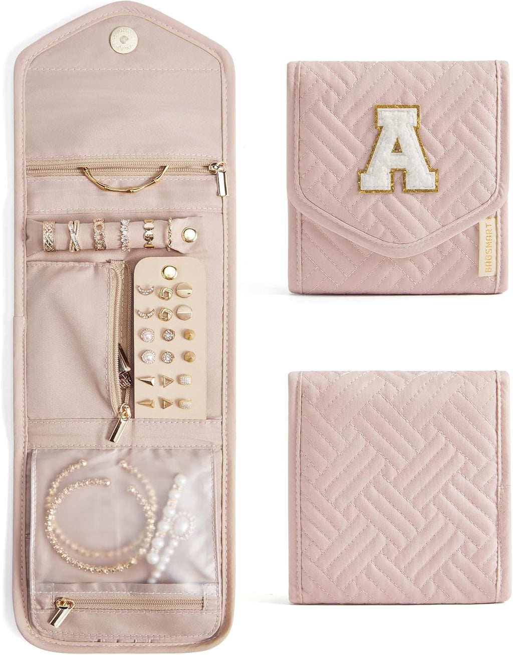 BAGSMART Travel Jewelry Organizer Case A Initial Foldable Jewelry Roll for Journey Rings, Necklaces, Earrings, Bracelets,Mini,Letter A,Soft Pink