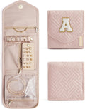 BAGSMART Travel Jewelry Organizer Case A Initial Foldable Jewelry Roll for Journey Rings, Necklaces, Earrings, Bracelets,Mini,Letter A,Soft Pink