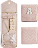 BAGSMART Travel Jewelry Organizer Case A Initial Foldable Jewelry Roll for Journey Rings, Necklaces, Earrings, Bracelets,Mini,Letter A,Soft Pink