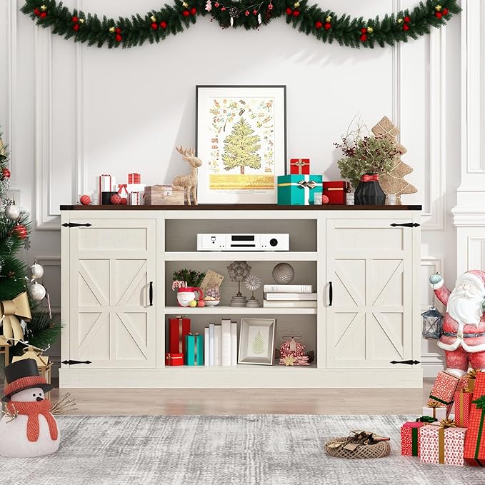 66" Farmhouse TV Stand with Power Outlets for 75 Inch TVs, 33" Tall Entertainment Center with Storage Cabinets w/Adjustable Shelves, Rustic Large TV Media Console, Rustic White
