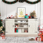 66" Farmhouse TV Stand with Power Outlets for 75 Inch TVs, 33" Tall Entertainment Center with Storage Cabinets w/Adjustable Shelves, Rustic Large TV Media Console, Rustic White