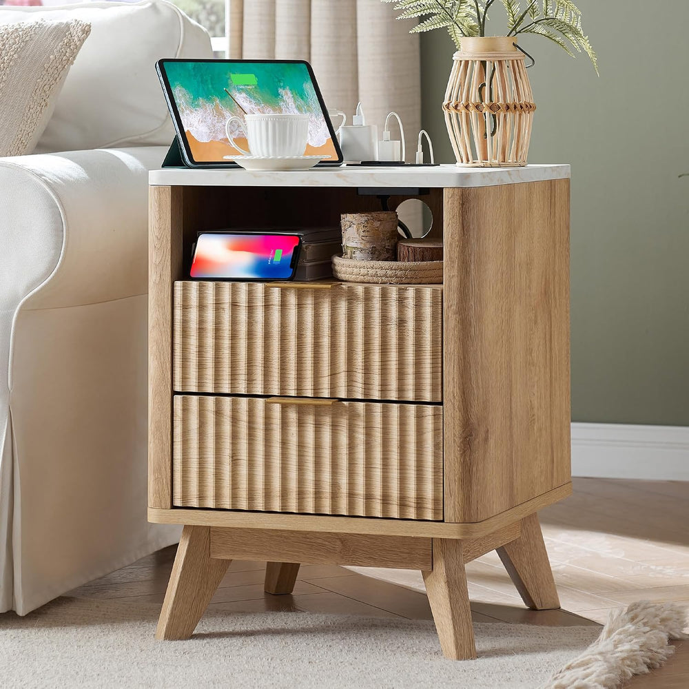 T4TREAM 18" Fluted Nightstand with 2 Drawers Set of 2, Natural Oak
