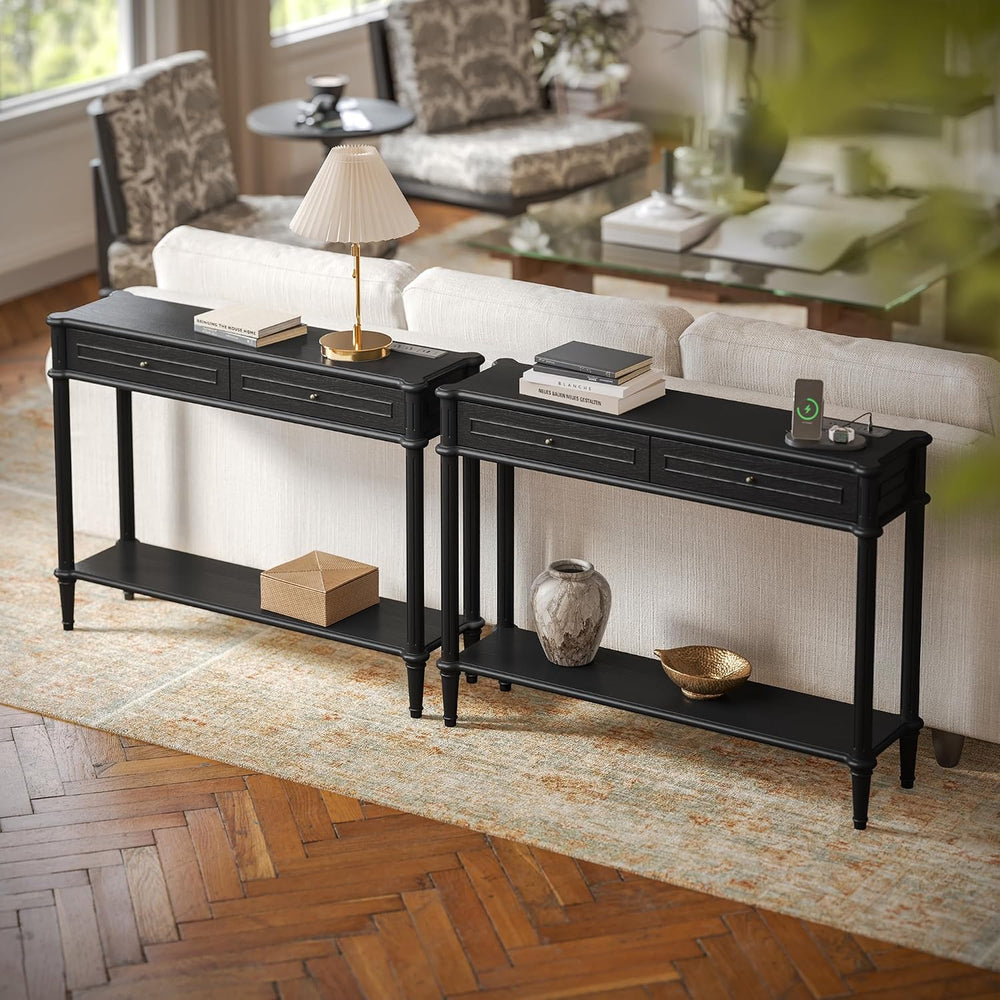 Solid Wood Console Table for Entryway with Charging Station, 2 Drawers | Retr...