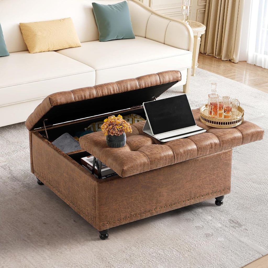 36" Large Square Ottoman with Storage, Tufted Upholstered Storage Ottoman with Lift Top & Solid Legs for Bedroom Room, Extra Large Coffee Tables Bench for Living Room as Footstool (Brown)