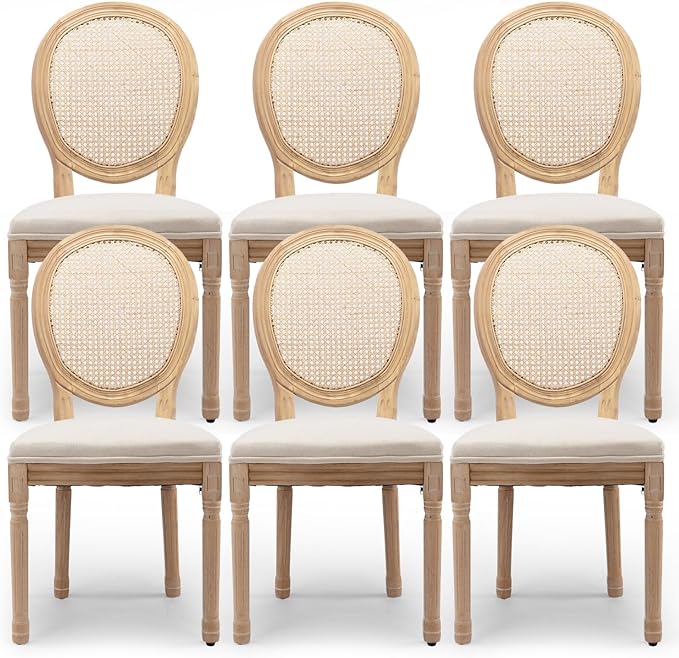 Rattan Back Upholstered Dining Chairs Set of 6 French Country Oval Kitchen Side Chairs with Wood Legs for Dining Room, Kitchen, Restaurant(Beige-Rattan)