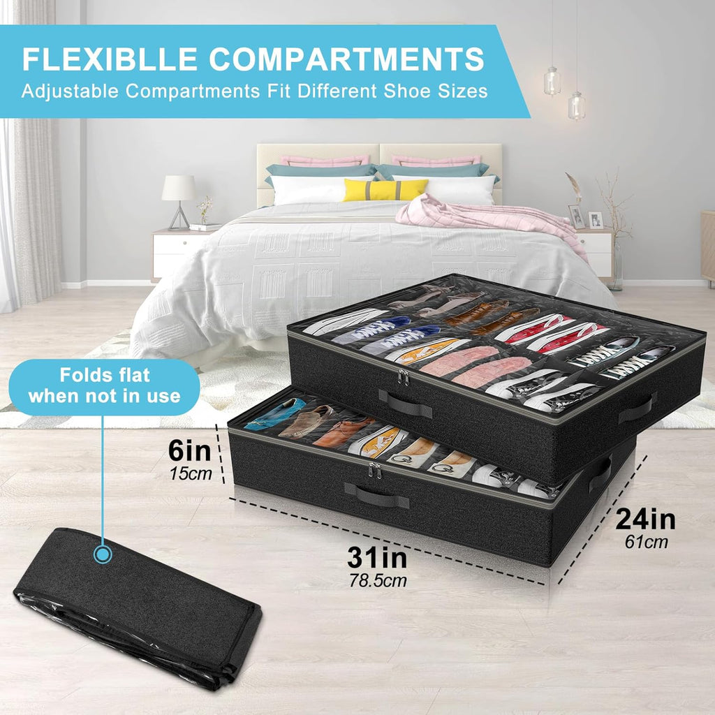 2 Pack Under Bed Shoe Storage Organizer for Closet, Fits Total 32 Pairs Foldable Underbed Shoes Containers Boxes Under the Bed Storage Bedding with Sturdy Handles&Clear Window for College Dorms, Black