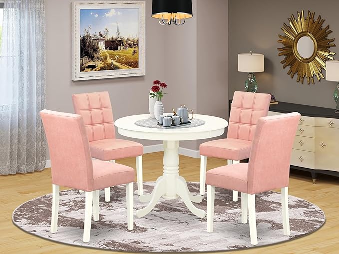 East West Furniture ANAS5-LWH-42 5 Piece Dinner Table Set contain A Dining Table and 4 Beige Red Polyester Fabric Wooden Chairs with Stylish Back- Linen White Finish