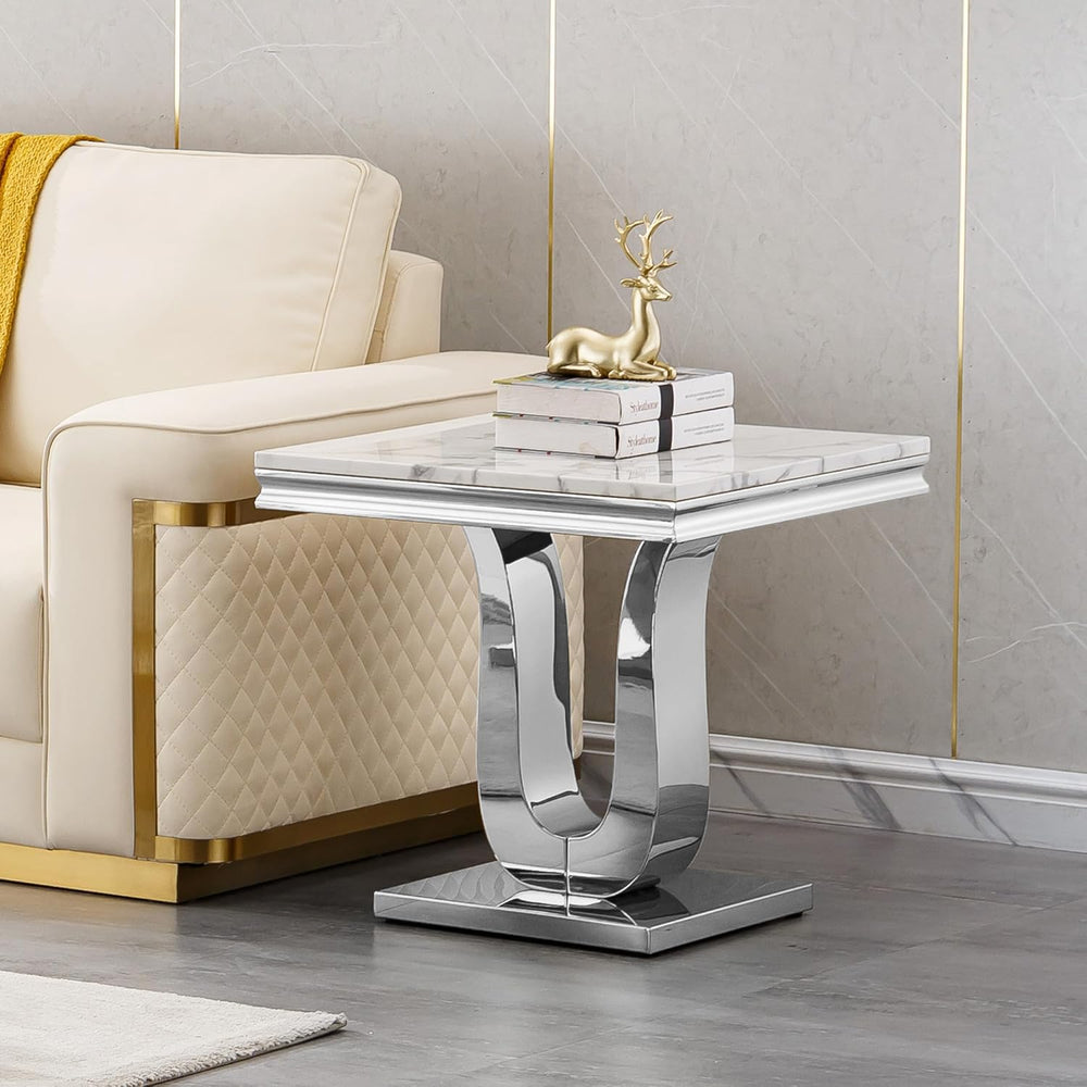 Faux Marble End Table, Modern Rectangular Conner Table with Faux Marble Top U...