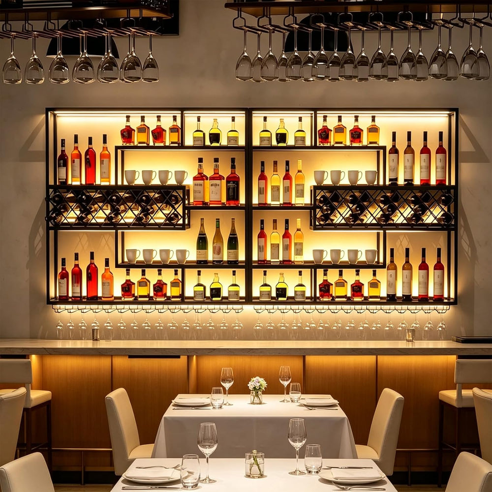 LED Wall Mounted Wine Rack with Glass Holder, Iron Bar Shelf | Warm LED Backl...