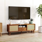 HollyHOME Bamboo TV Stand with Storage for TVs up to 65", Modern Entertainment Center with Rattan and Drawer, Accent TV Table with 2 Shelf, Media Console Cabinet for Living Room, Bedroom, Walnut
