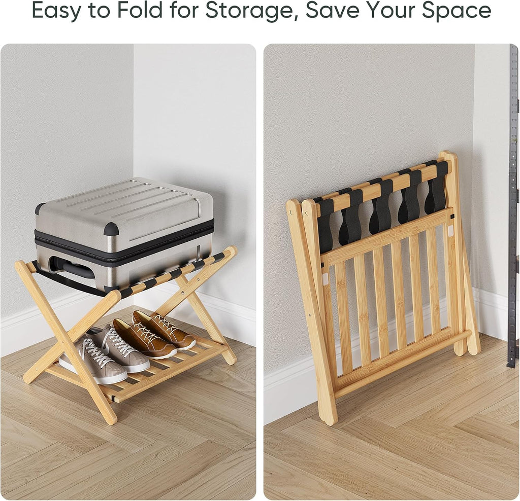 Set of 2 Fully Assembled Luggage Rack for Guest Room, 5 Straps Bamboo Suitcase Stand with Shoe Shelf, 26.77" Wide Foldable Luggage Holder for Bedroom, Hotel (Natural)