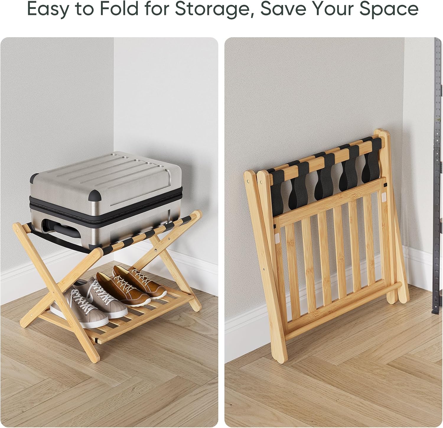 Set of 2 Fully Assembled Luggage Rack for Guest Room, 5 Straps Bamboo Suitcase Stand with Shoe Shelf, 26.77" Wide Foldable Luggage Holder for Bedroom, Hotel (Natural)