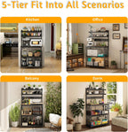 Baker's Rack with Power Outlet, 5-Tier Microwave Stand with Storage, Black | LED Lights,Kitchen Coffee Bar Storage,Microwave Stand with Storage,Spice Organizer for Kitchen, Dining Room and Office
