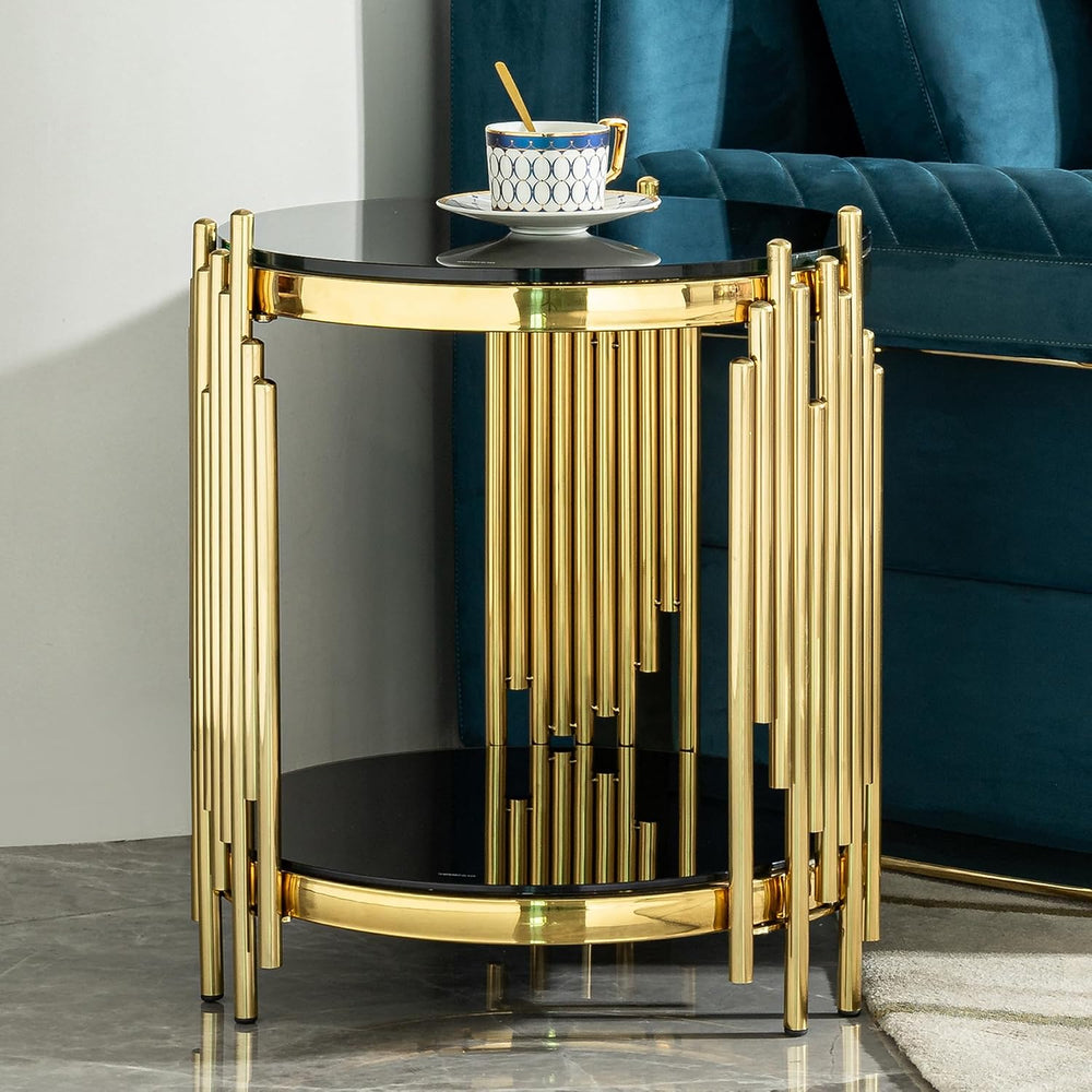 Luxury Gold Round Glass End Table, 17.7" Modern Side Table with Stainles...