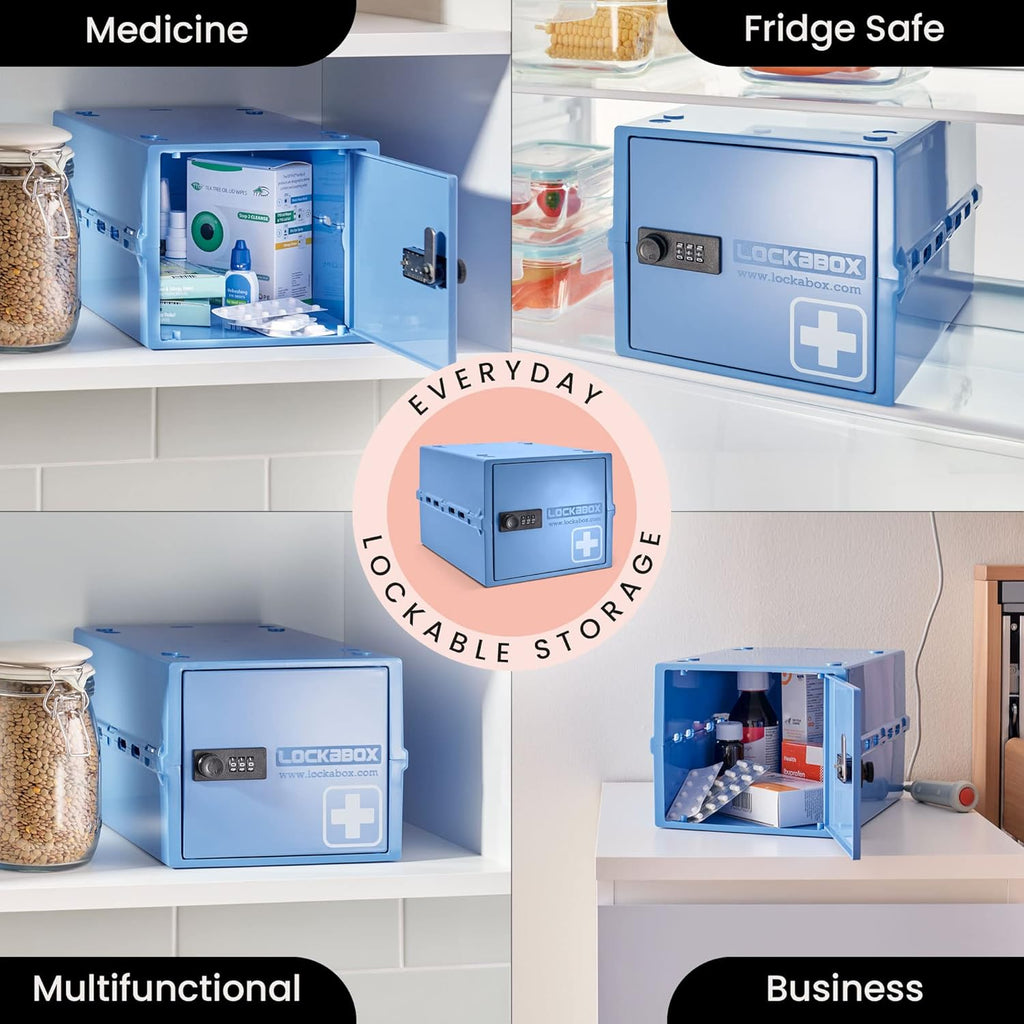 Lockabox One™ | Premium Medicine Lock Box | Medium Medication Lock Box With Code For Medicines, Vitamins & Supplements | External Size 12 x 8 x 6.6 inches (Medi Blue)