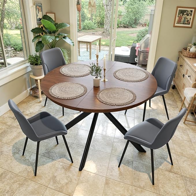 47.2" 5-Piece Round Dining Table Set for 4, Modern Wood Dining Table with 4 Upholstered Chairs, Kitchen & Dining Room Table Set with Metal Base for Apartment, Small Space, Walnut Table+4 Grey Chairs