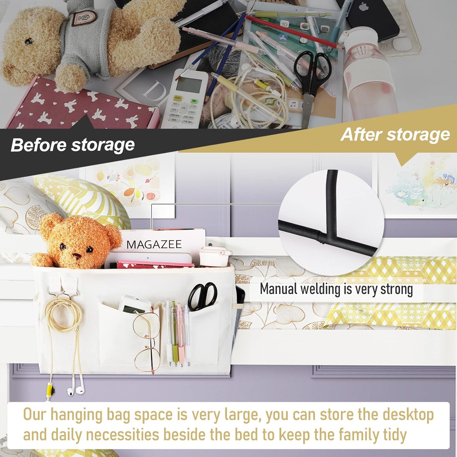 Bedside Caddy Bedside Organizer Hanging Storage Bag for Bunk College Dorm Bed and Hospital Beds with Magazine Water Bottle Phone Holder (2Pack White)