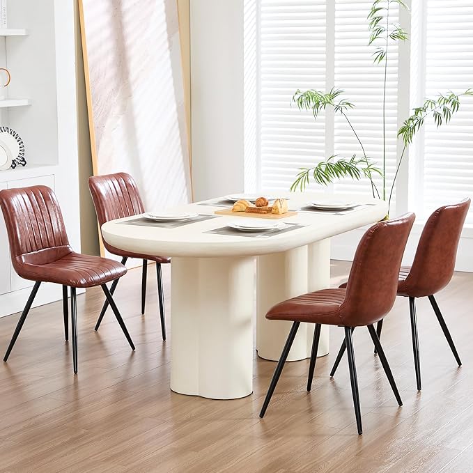 Dining Chairs Set of 4, Modern Dining Chairs with Thick Cushions, PU Leather Upholstered Kitchen Dining Room Chairs with Metal Legs for Dining Living Room (Reddish Brown)