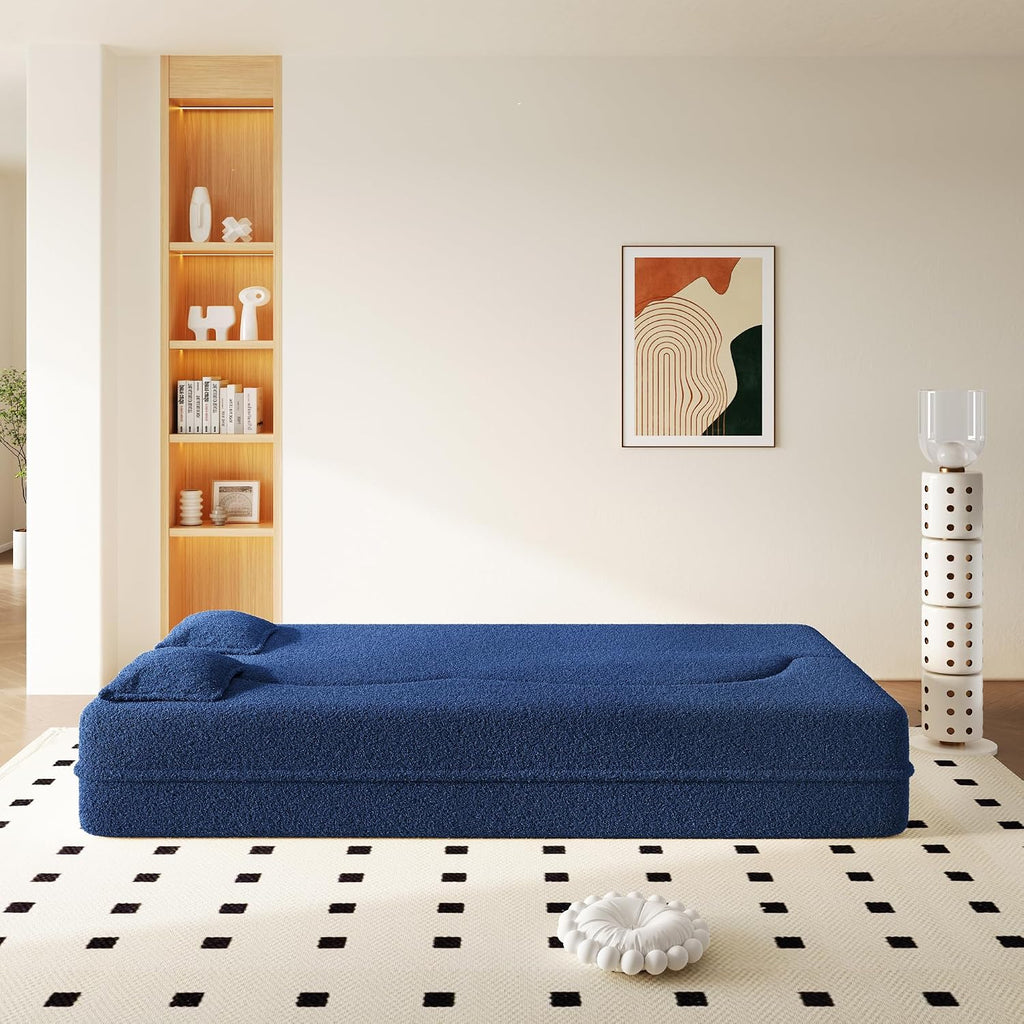 Convertible Folding Sofa Bed, 2-in-1 Full Size Floor Boneless Couch Bed, Loveseat sleeper Couch , Corduroy Floor Sofa, Memory Foam Sleeper SofaBed, Small couches for small spaces, No Assembly, Blue