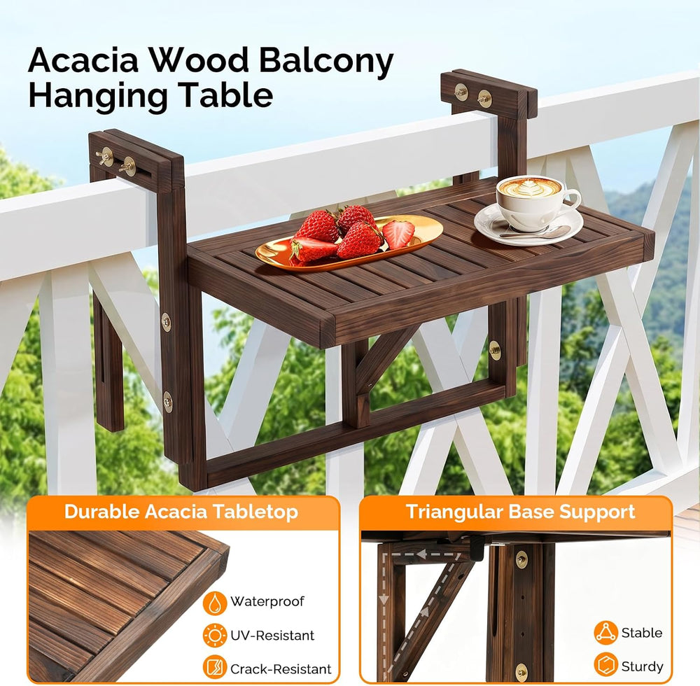 VINGLI 22in Acacia Wood Folding Balcony Hanging Table – Adjustable Height &am...