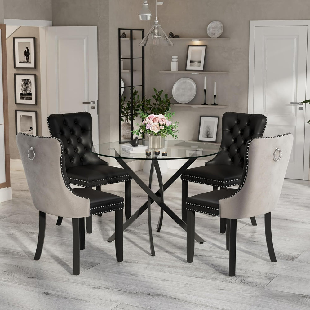 36" Luxury Glass Round Dining Table Set with 4 Velvet& PU Leather Up...