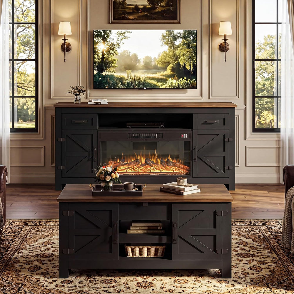 Farmhouse Living Room Table Sets of 2, 70 inch, Black | Includes 70 inch TV S...