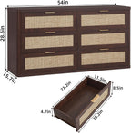 LEYAOYAO Rattan 6 Drawer Dresser for Bedroom, 54" Wide Boho Chest of Drawers, Wooden Dressers TV Stand with Metal Handle, Storage Closet Organizer for Living Room, Hallway, Walnut