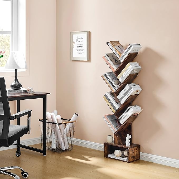 Hoctieon 9 Tier Tree Bookshelf, Tall Bookcase with Drawer, Wood Book Shelf, M...