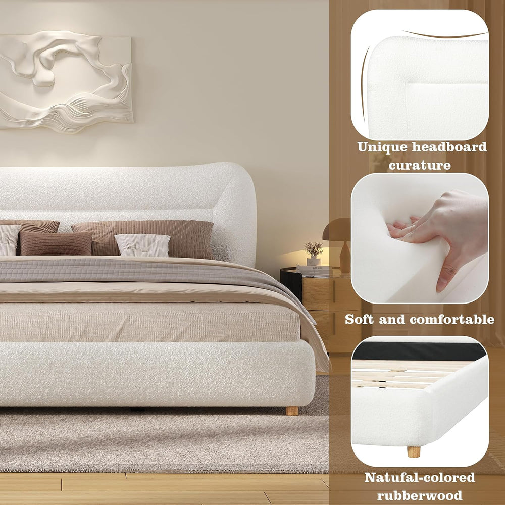 Marshmallow Upholstered Queen Bed Frame Headboard, Cream Soft Frame Cloud Bed...