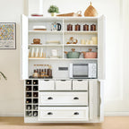 Farmhouse 71''H Large Kitchen Pantry,Deepen Dining Storage Cupboard with 4 Foldable Doors,Power Outlet, Shelves, Wine Racks and Serving Trays (White/FD)