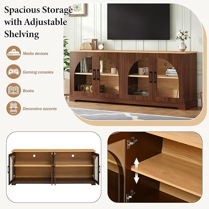Farmhouse TV Stand with Adjustable Shelves for TVs up to 70'', Entertainment Center with Semi-Arched Glass Doors, Wood Grain Sideboard with Cable Management for Living Room, Walnut