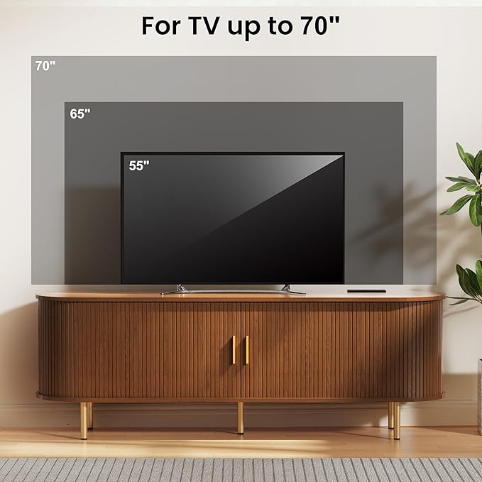 DHH 63 Inch Mid Century Modern TV Stand with Power Outlet for TVs up to 70 Inch, Entertainment Center with Storage and Adjustable Shelves, Media Console with Sliding Doors for Living Room(Walnut)