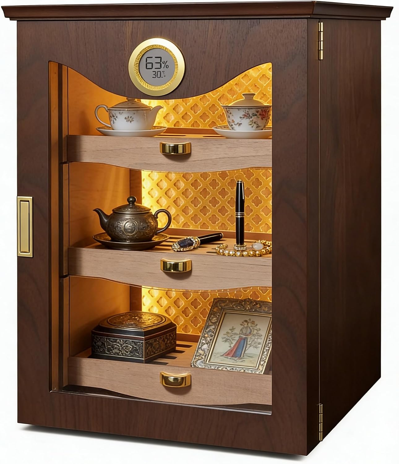 Luxury LED Display Cabinet with Spanish Cedar, Precision Hygrometer & Humidity Control - Elegant Walnut/Obsidian Storage for Premium Collections