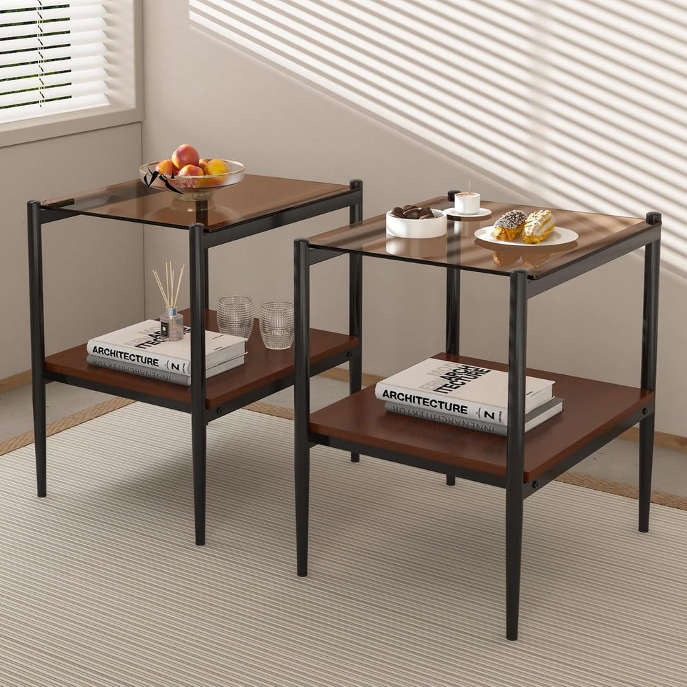 Glass End Table Set of 2, Rectangle Living Room Sofa Side Table, with BrownTe...
