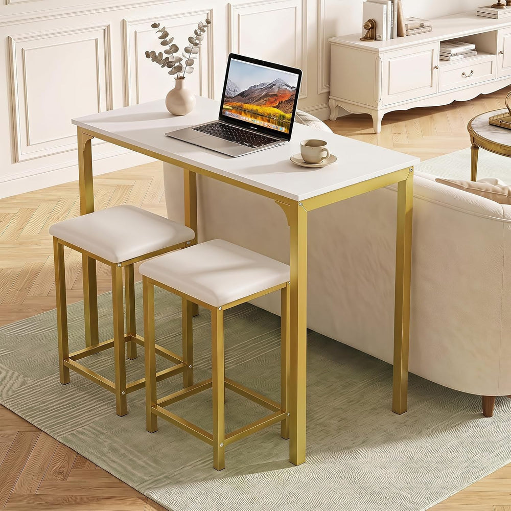 GIANTEX 3-Piece Dining Table Set for 2, Upholstered Stools (White+Gold) | Cou...