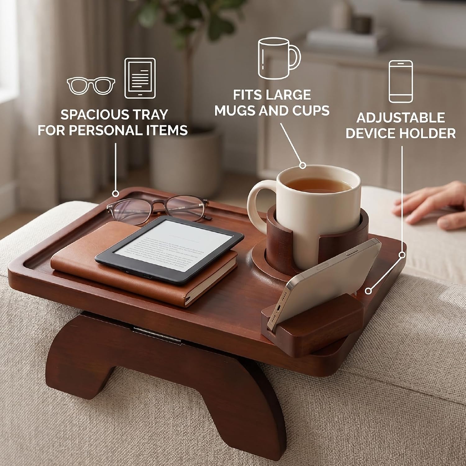 AUNMAS Couch Armrest Table, 3 in 1 Space Saving Foldable Pine Sofa Arm Tray with Cup Holder Phone Stand for Living Room Dining (Brown)