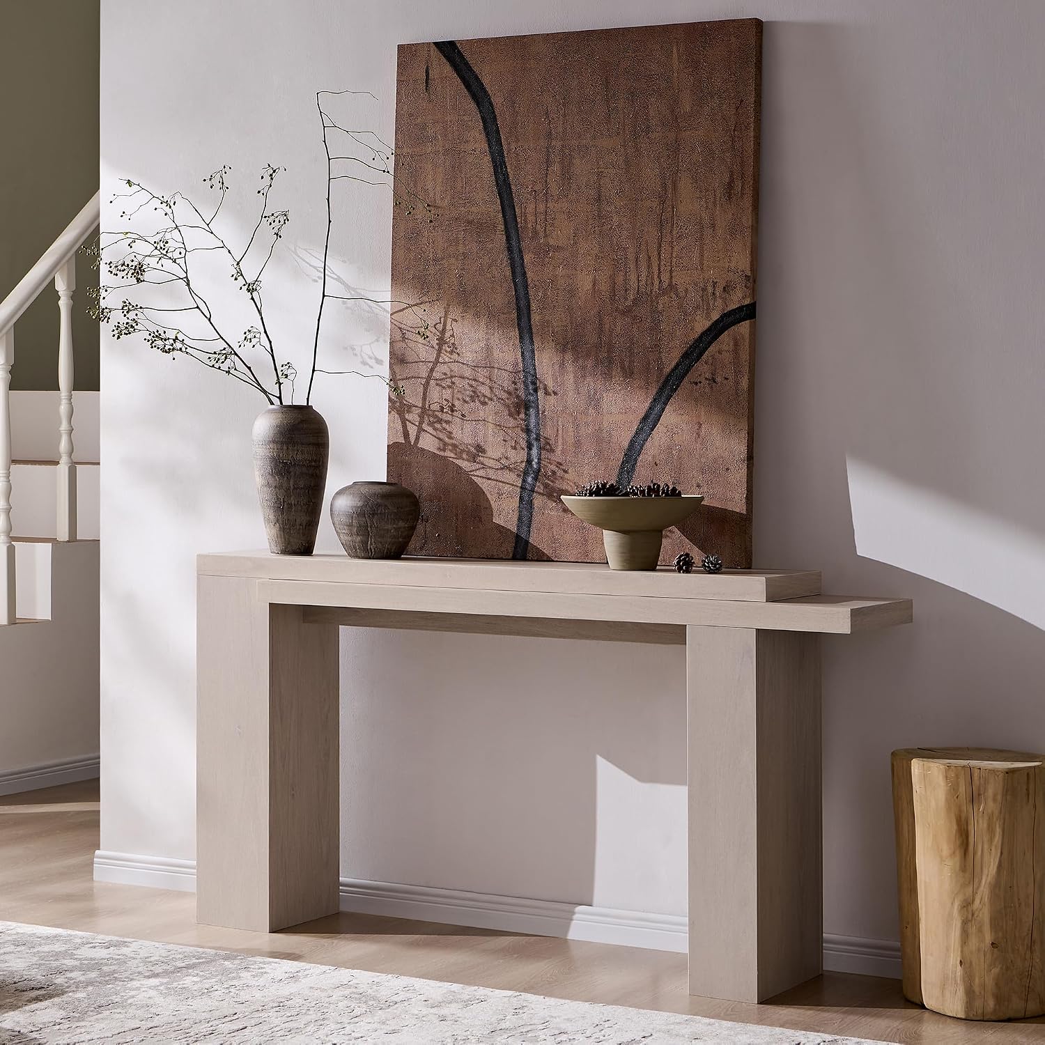 OKD 63" Modern Geometric Console Table with Layered Top, White Alder | Extended Layered Top, Sturdy Support Legs, Entryway, Hallway, Foyer, Living room, Behind Sofa