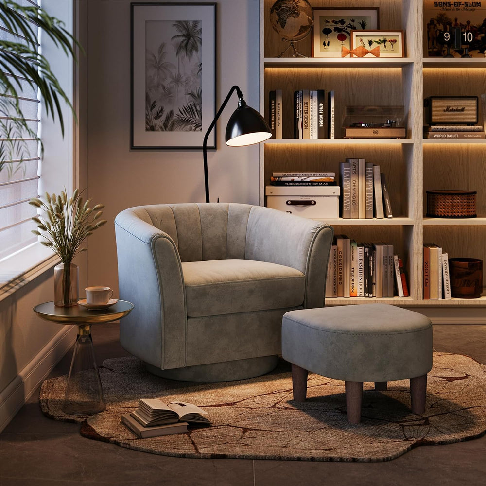 LINSY Large Swivel Accent Chair with Ottoman, Velvet Barrel Chair with Footre...