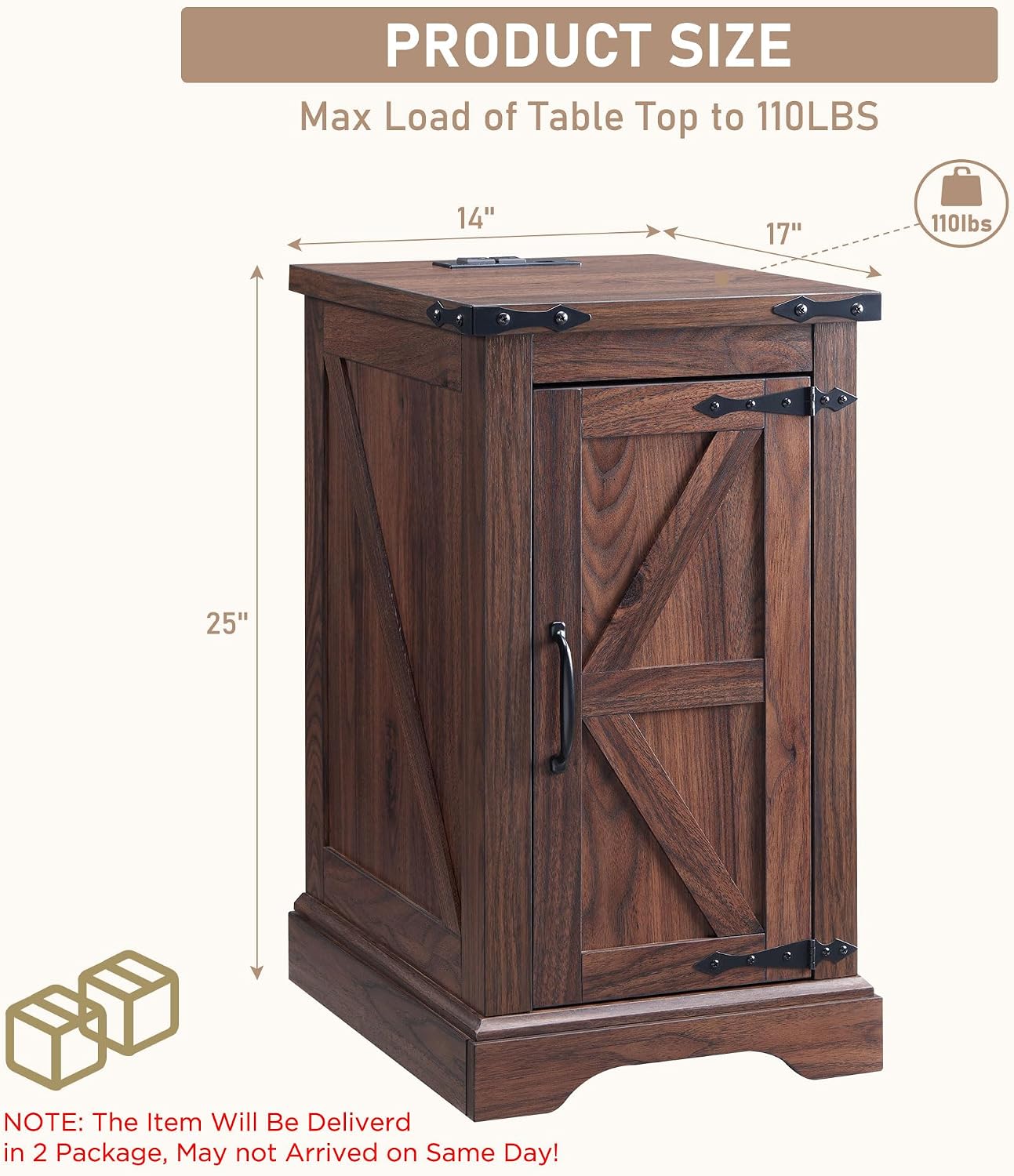 JXQTLINGMU Farmhouse 17" Nightstand Set of 2, Brown | Rectangular/ Rustic End Table with Barn Door /Adjustable Shelf/ Wood Sofa Side Table/ for Living Room, Bedroom
