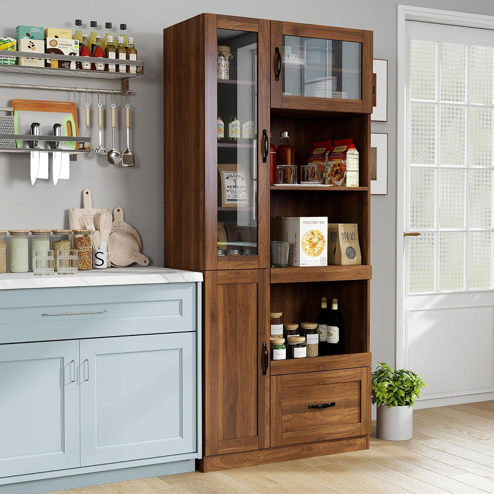 KEIKI 70.87" H Tall Kitchen Pantry Storage Cabinet with Countertop, Glas...