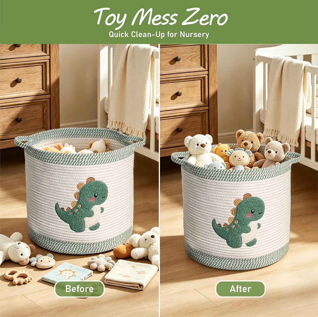 Cute Nursery Bin, Baby Toy Organizer (13.8"x13.8"), Storage Basket for Organizing, Woven Rope Basket for Shelves, Cute Baskets with Handle for Nursery, Playroom (Dinosaur, Large)