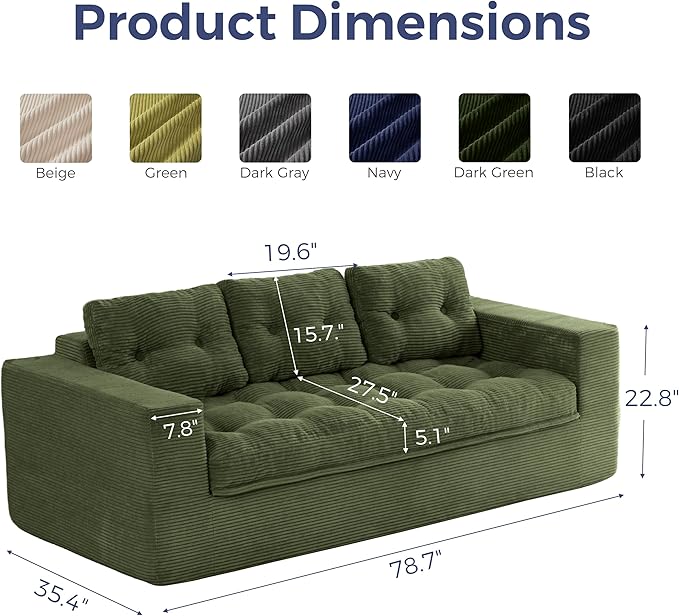 MAXYOYO 79" Loveseat Sofa Couch for Small Spaces, Upholstered Boneless Cloud Couch for Apartment Bedroom, 2-Seater Love Seat Floor Modern Sofa with Pillows, No Assembly Required, Dark Green