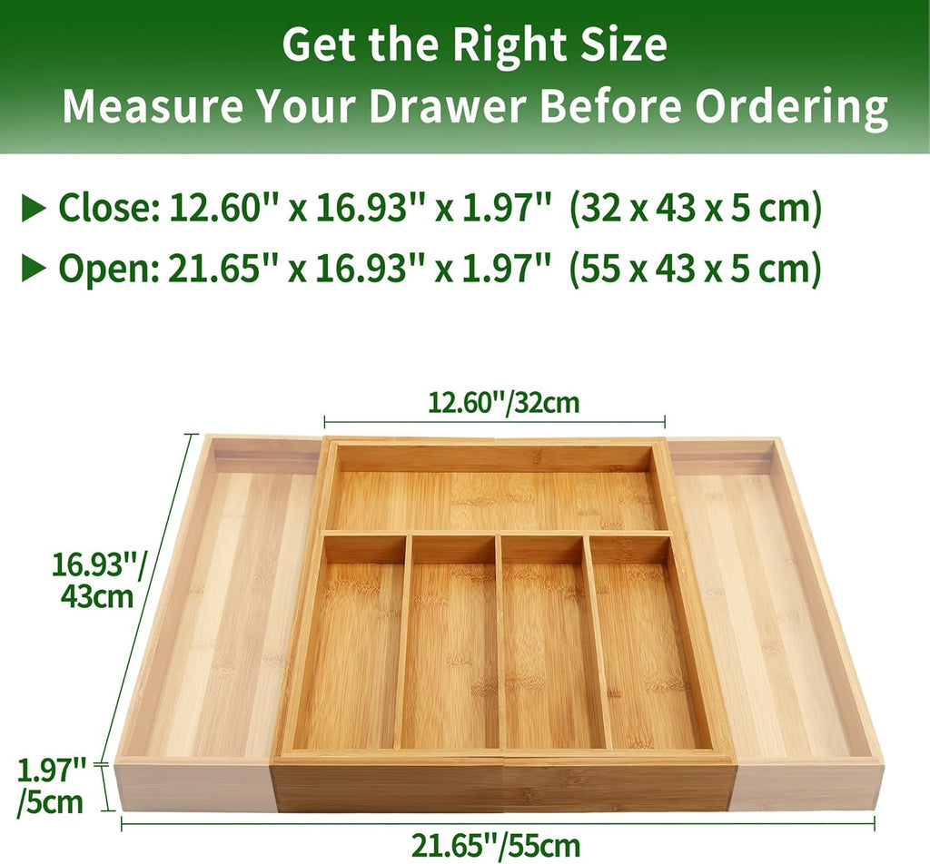 VaeFae Premium Bamboo Drawer Organizer, Expandable Silverware Drawer Organizer, Cutlery Tray with Dividers for Kitchen Utensils (Natural, Large)