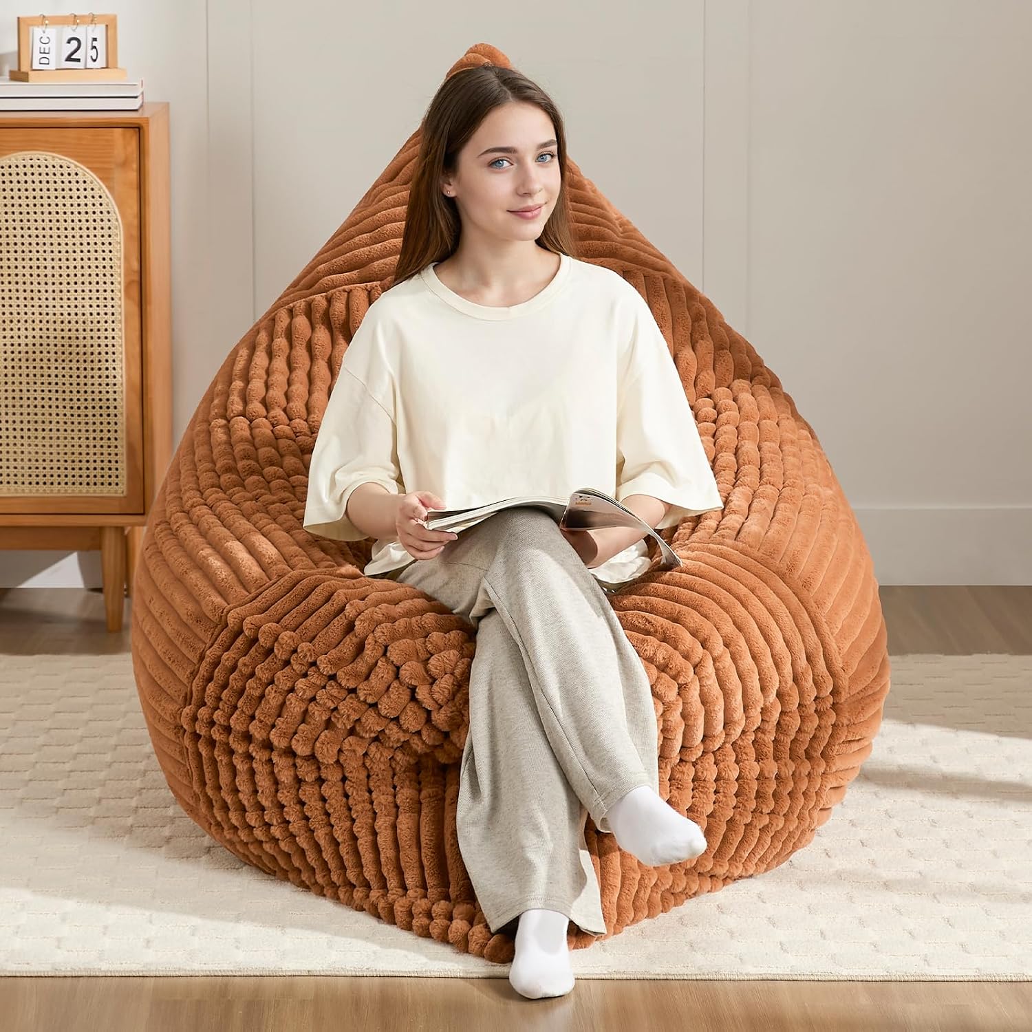 3-in-1 Giant Bean Bag Chair for Adults & Kid, Convertible Floor Sofa to Mattress, High-Density Foam Chair Bed with Washable Cover, Multi Functional Lounge Couch for Bedroom, Living Room (Orange)