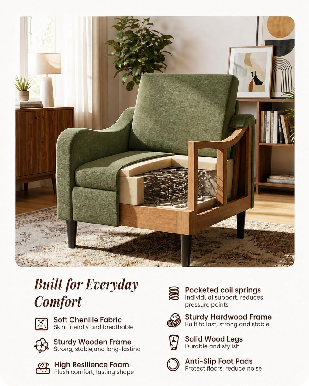 LEVELEVE Accent Arm Chair – Olive Green, Upholstered Scooped Comfy Reading Ch...