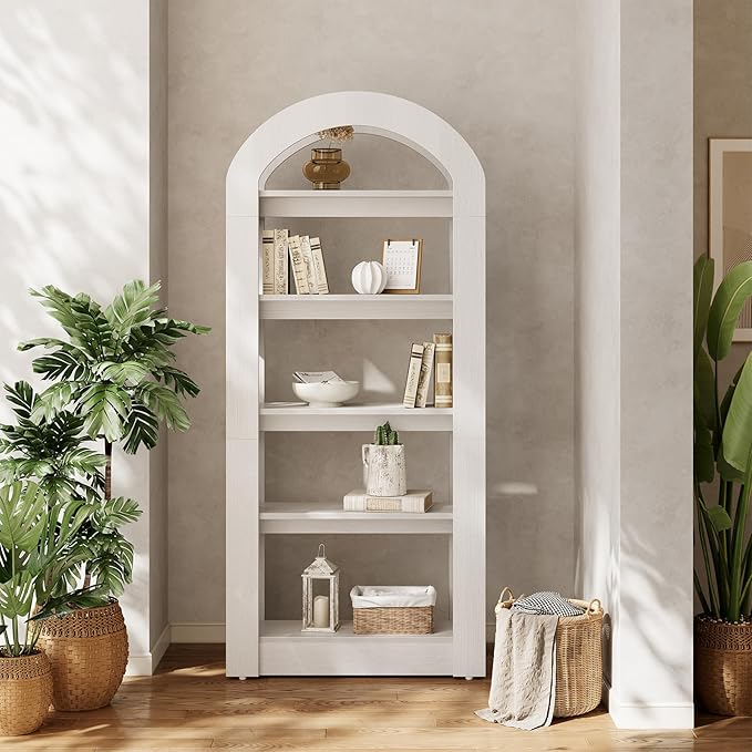 LITTLE TREE 5-Tier Bookshelf, Arch-Shaped Racks, Tall Standing Wooden Bookcase Display Shelf Modern Storage Solution, White